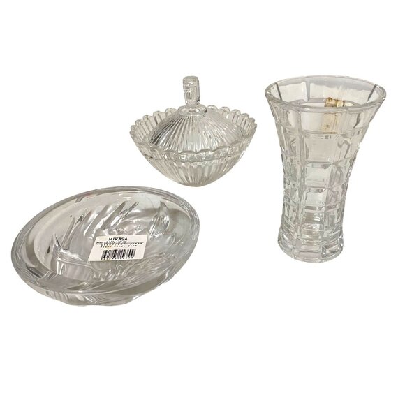 Vintage Mikasa Clear Glass Lot of 3 Items Candy Dish Bud Vase Home Decor Display - Picture 2 of 9